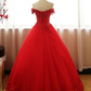 Rotes, schulterfreies, langes Partykleid, A-Linie Tüll-Abendkleid, formelles Kleid gh102