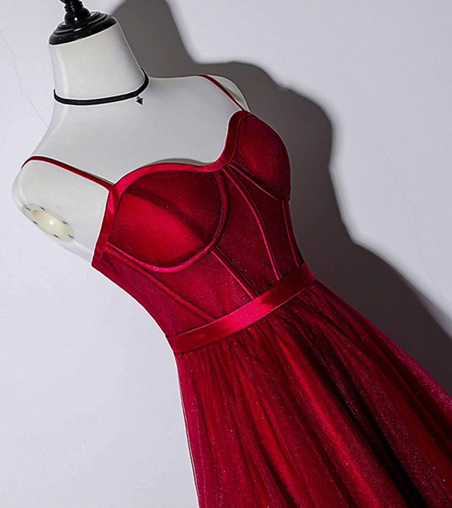Schönes dunkelrotes Kleid mit Trägern in Teelänge für Hochzeiten, Heimkehrkleid gh296