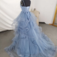 Beautiful Blue Straps Tulle Layers Long Party Dresses, Blue Evening Dresses Prom dress  gh20