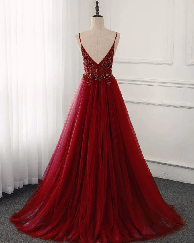 Wunderschönes, weinrotes, bodenlanges Partykleid mit Perlen, Burgunderrotes Junior-Abschlussballkleid gh216