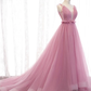 Charmante robe de soirée longue en tulle à bretelles et décolleté en V rose, robe de bal rose gh182