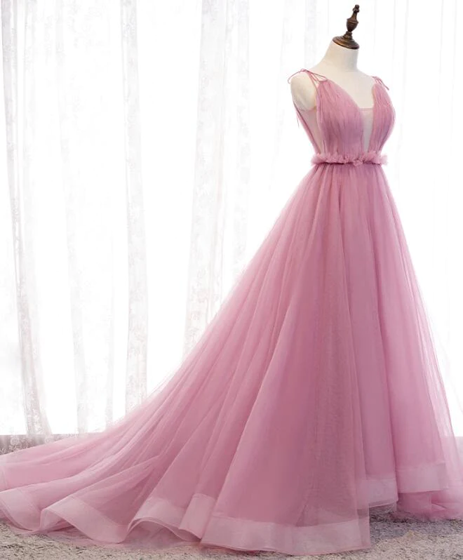 Charmante robe de soirée longue en tulle à bretelles et décolleté en V rose, robe de bal rose gh182