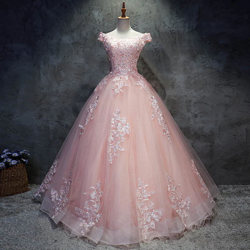 Rosa Flügelärmel Ballkleid Tüll mit Spitze Sweet 16-Kleider, lange Quinceanera-Kleider gh77