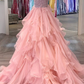 Gorgeous One Shoulder Beaded Pink Long Prom Dresses, Fluffy Pink Formal Evening Dresses, Beaded Ball Gown  gh920
