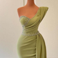 Sage green elegant one shoulder slit long fitted mermaid ball gown evening dress with beads gh793