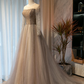 Hellgraue Perlen mit langen Ärmeln Modisches Tüll-Abendkleid, Tüll-Grau-Abschlussballkleid-Partykleid gh91