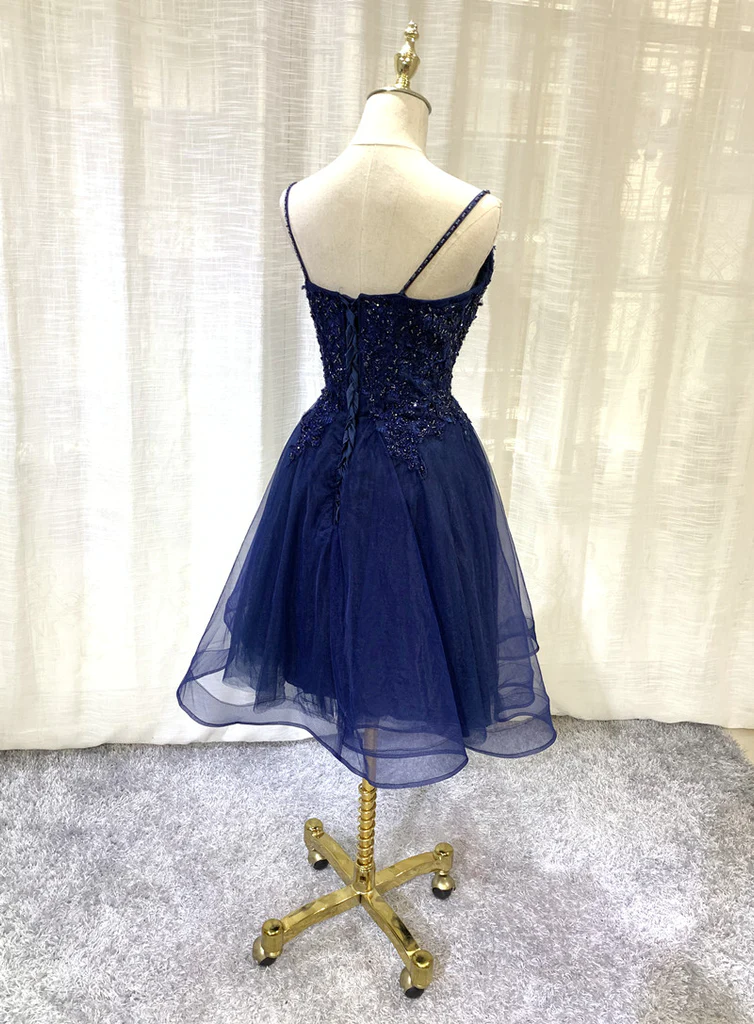 Robe de soirée courte en tulle bleu marine à décolleté en V, robe de soirée courte avec appliques en dentelle gh154