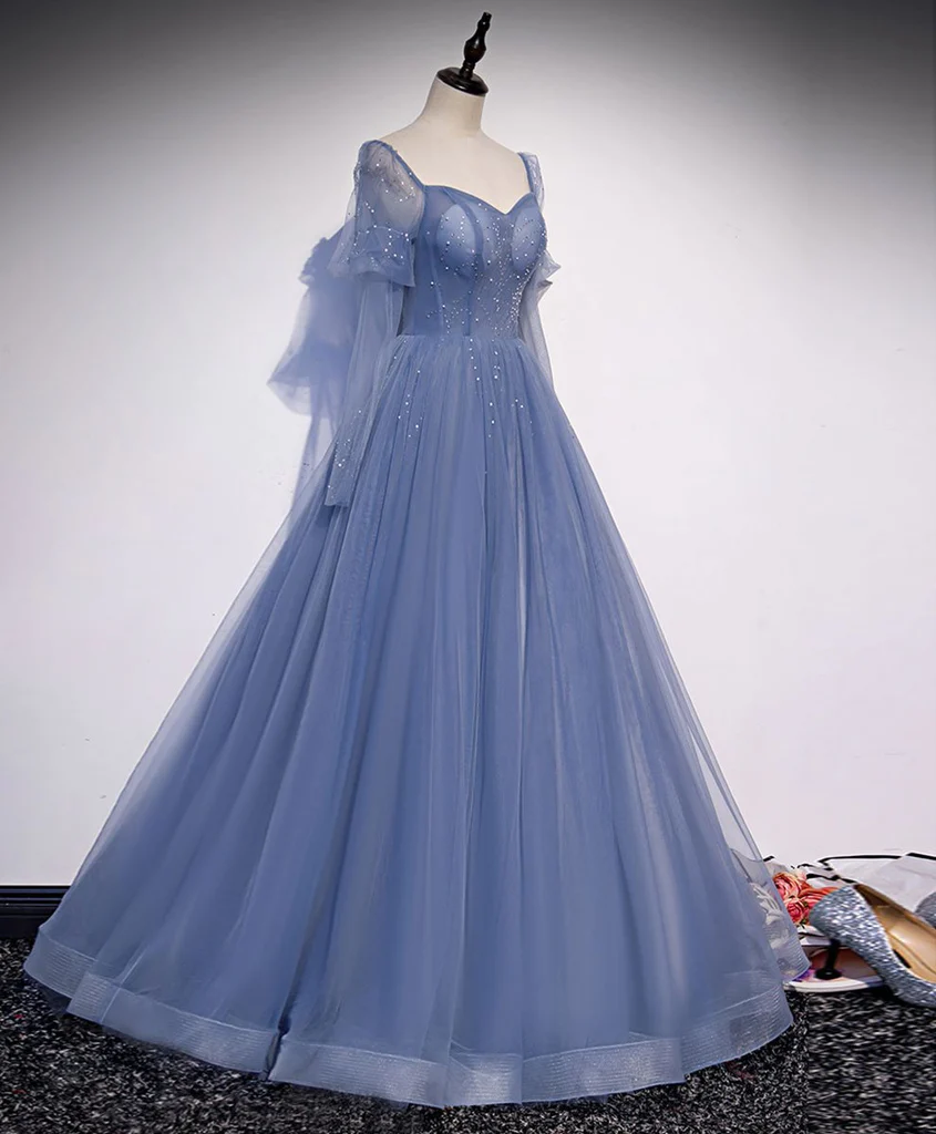 Blauer Tüll wulstiger Schatz einzigartiges langes Abschlussball-Kleid, blaues Abendkleid-formales Kleid gh103