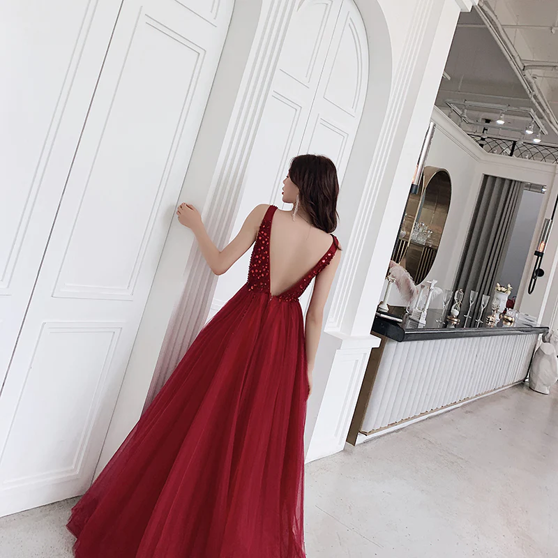 Sexy V-Ausschnitt, weinrotes, bodenlanges Partykleid aus Tüll, rotes formelles Kleid gh404