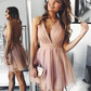 Cute V Neck Above Knee Pink Ruffles Tulle Short Prom Dresses Homecoming Dresses gh820