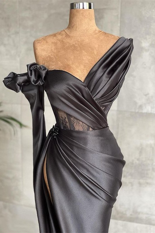 Schwarzes Meerjungfrau-Abschlussballkleid mit langen Ärmeln gh675