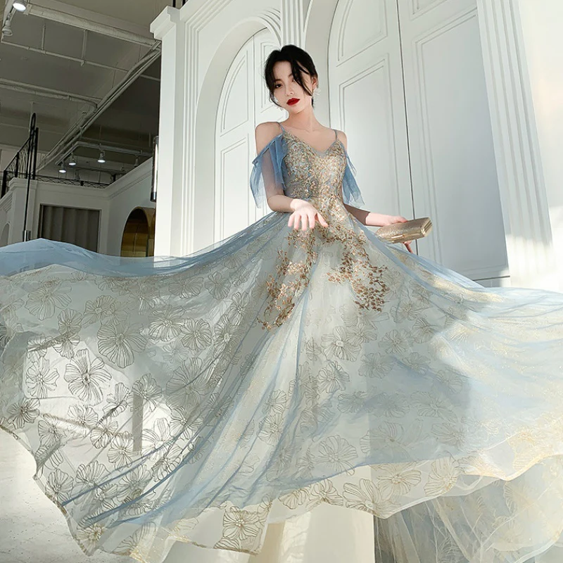 Charmante robe de bal longue en dentelle bleu clair à décolleté en V, robe de soirée formelle trapèze gh204
