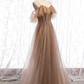 Champagner Tüll Schulterfrei A-Linie Ballkleid, Langes Abendkleid Partykleid gh26
