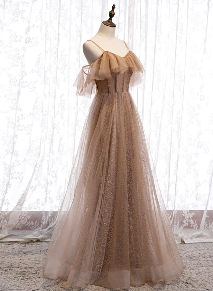 Champagner Tüll Schulterfrei A-Linie Ballkleid, Langes Abendkleid Partykleid gh26