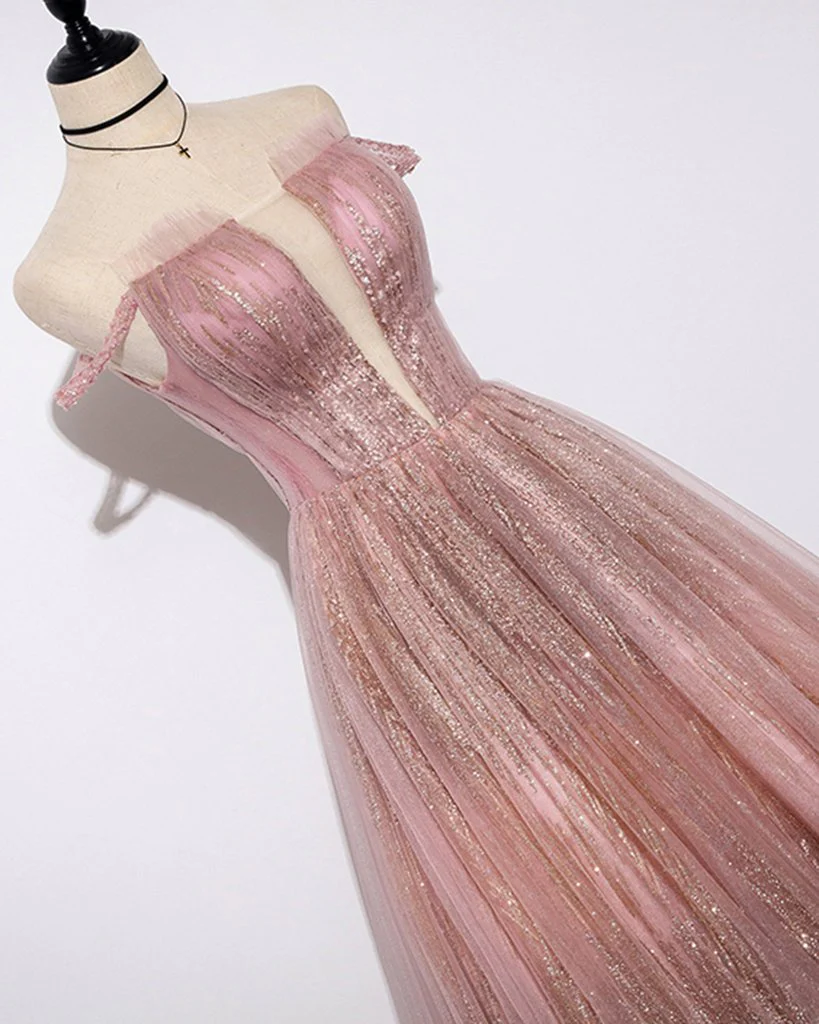 Einzigartige rosa Pailletten Tüll schulterfrei langes Abschlussballkleid in benutzerdefinierter Größe gh329