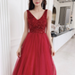 Sexy V-Ausschnitt, weinrotes, bodenlanges Partykleid aus Tüll, rotes formelles Kleid gh404