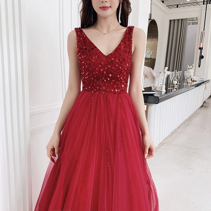 Sexy V-Ausschnitt, weinrotes, bodenlanges Partykleid aus Tüll, rotes formelles Kleid gh404
