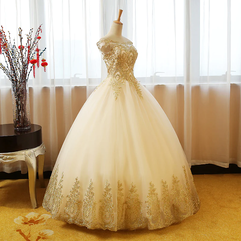 Beautiful Champagne With Gold Applique Long Party Dress, Sweet 16 Dresses  gh354