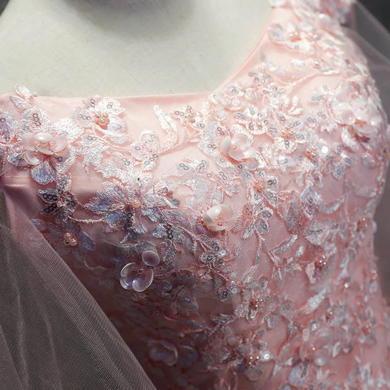 Rosa Flügelärmel Ballkleid Tüll mit Spitze Sweet 16-Kleider, lange Quinceanera-Kleider gh77