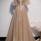 Charmante robe de soirée longue en tulle et paillettes champagne, robe de bal trapèze gh319