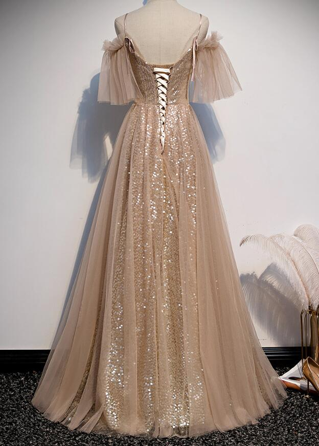 Charmante robe de soirée longue en tulle et paillettes champagne, robe de bal trapèze gh319