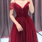 Wine Red Straps Off Shoulder A-Line Tulle Evening Dress Party Dress, Dark Red Prom Dress Formal Gown gh84