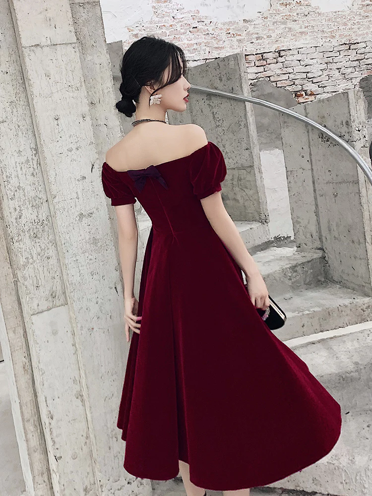 Robe de soirée courte en velours rouge vin, robe de bal à épaules dénudées, robe de demoiselle d'honneur gh233
