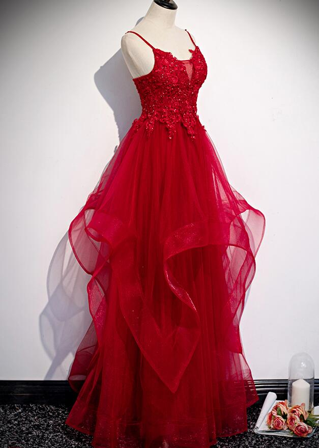 Rote Spitze Tüll mit geschichteten Trägern Modisches langes Partykleid, langes Abschlussballkleid gh277