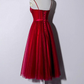 Schönes dunkelrotes Kleid mit Trägern in Teelänge für Hochzeiten, Heimkehrkleid gh296