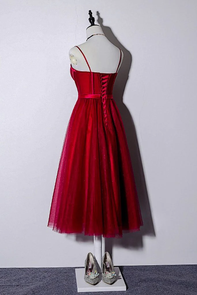 Schönes dunkelrotes Kleid mit Trägern in Teelänge für Hochzeiten, Heimkehrkleid gh296