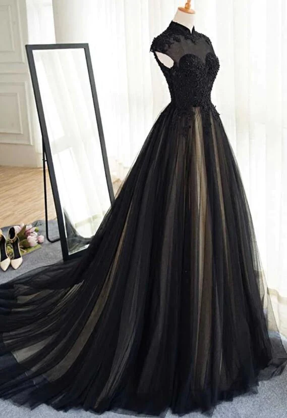 Schöne schwarze Ballkleider High Neck Sweep Train Ballkleid, schwarzes Partykleid gh437