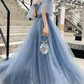 Robe de soirée en tulle bleu clair à épaules dénudées avec dentelle blanche, robe de soirée bleue gh32
