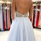 Light Sky Blue Spaghetti-Straps Tulle Long Prom Dress With Beads gh660