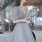 Lovely Grey Shiny Tulle V-Neckline Puffy Sleeves Long Prom Dresses, Grey Evening Dresses  gh24