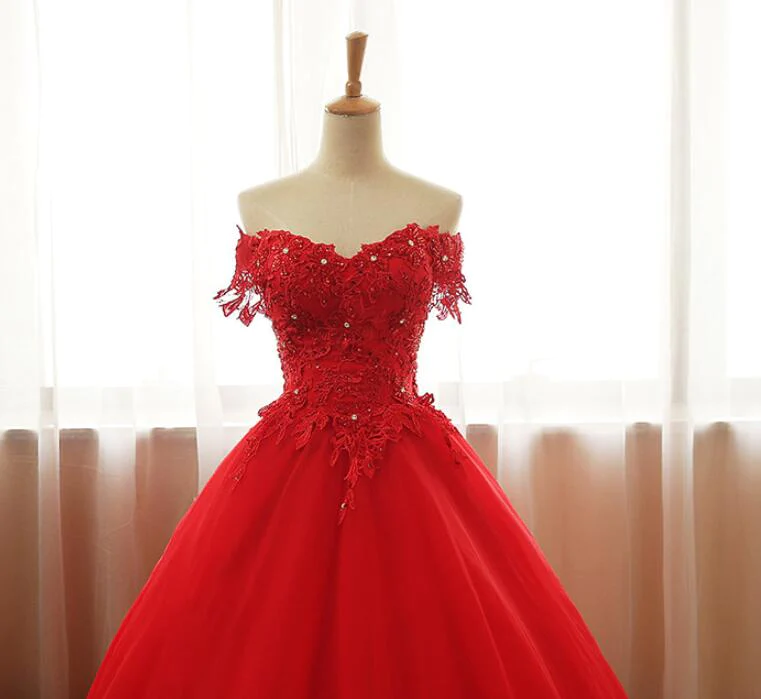 Rotes, schulterfreies, langes Partykleid, A-Linie Tüll-Abendkleid, formelles Kleid gh102