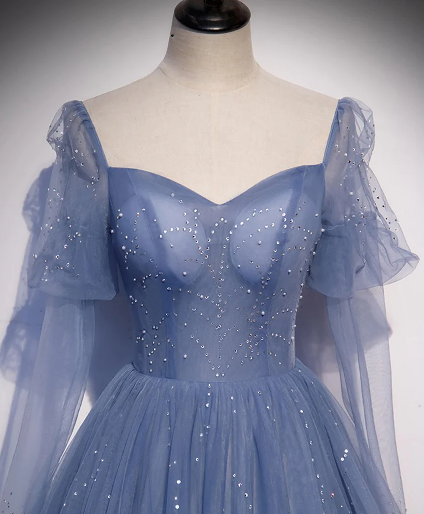 Blauer Tüll wulstiger Schatz einzigartiges langes Abschlussball-Kleid, blaues Abendkleid-formales Kleid gh103