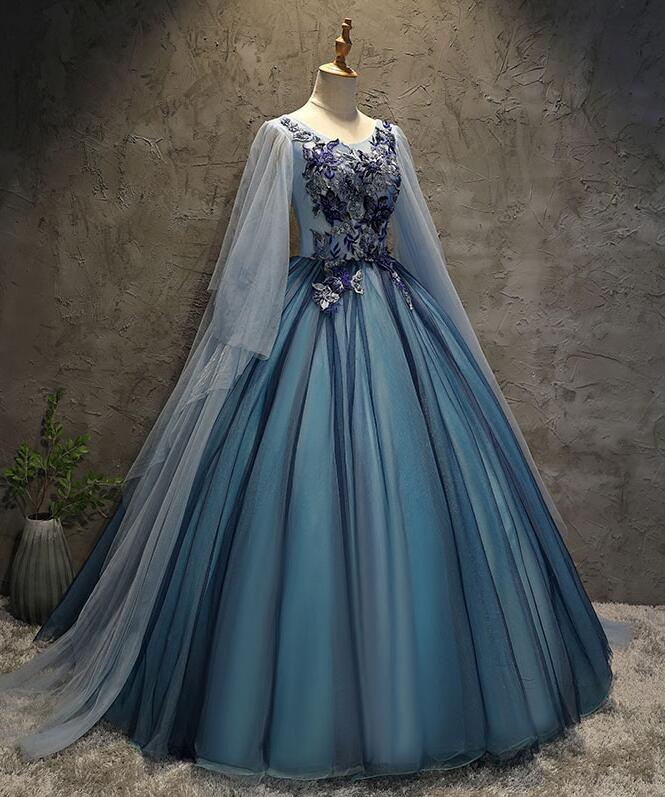 Blaues Tüll-Ballkleid-langes Bonbon-16-Kleid mit Spitzenapplikationen, Abschlussball-Kleid gh251