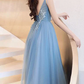 Charming Blue V-Neckline Tulle Party Dress With Staps, Long Prom Dress  gh373