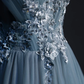 Belle robe de soirée longue en tulle bleu, robe de bal trapèze avec appliques en dentelle gh271
