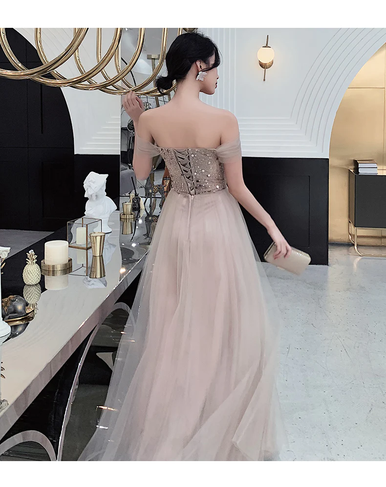 Charmante robe de bal longue à épaules dénudées couleur champagne, robe de bal junior gh343