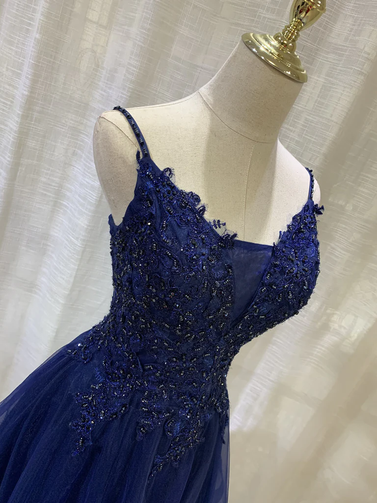 Robe de soirée courte en tulle bleu marine à décolleté en V, robe de soirée courte avec appliques en dentelle gh154