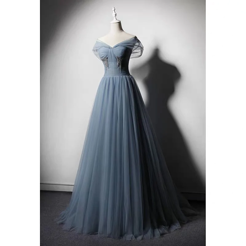 Grau-blauer Tüll schulterfrei Perlen langes Abendkleid Partykleid, lange Abendkleider gh16