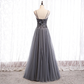 Robe de soirée longue en tulle brillant à bretelles perlées grises, robe de bal longue grise gh22