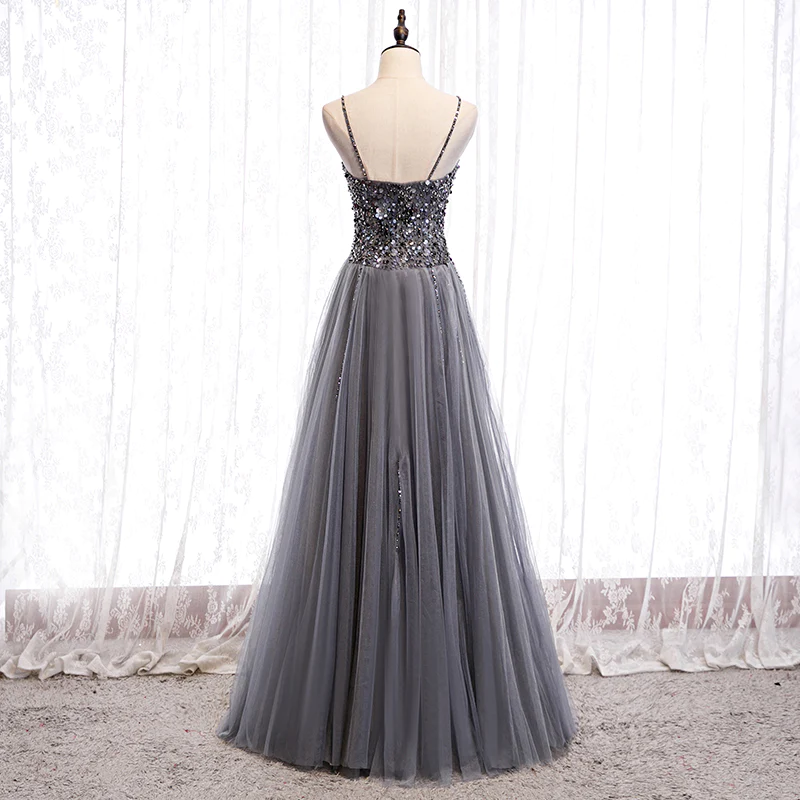 Robe de soirée longue en tulle brillant à bretelles perlées grises, robe de bal longue grise gh22