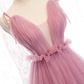 Charmante robe de soirée longue en tulle à bretelles et décolleté en V rose, robe de bal rose gh182