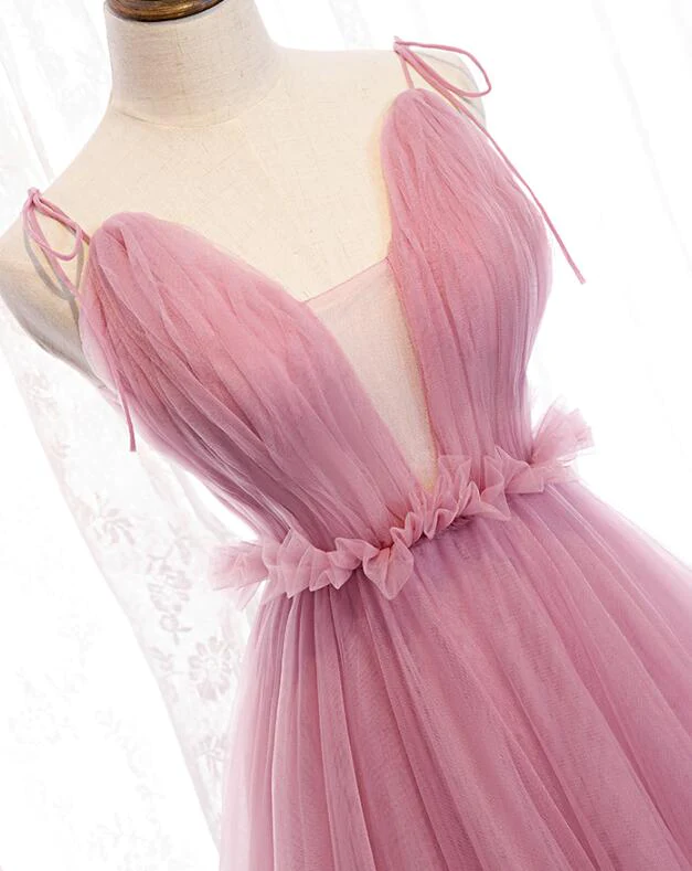 Charmante robe de soirée longue en tulle à bretelles et décolleté en V rose, robe de bal rose gh182