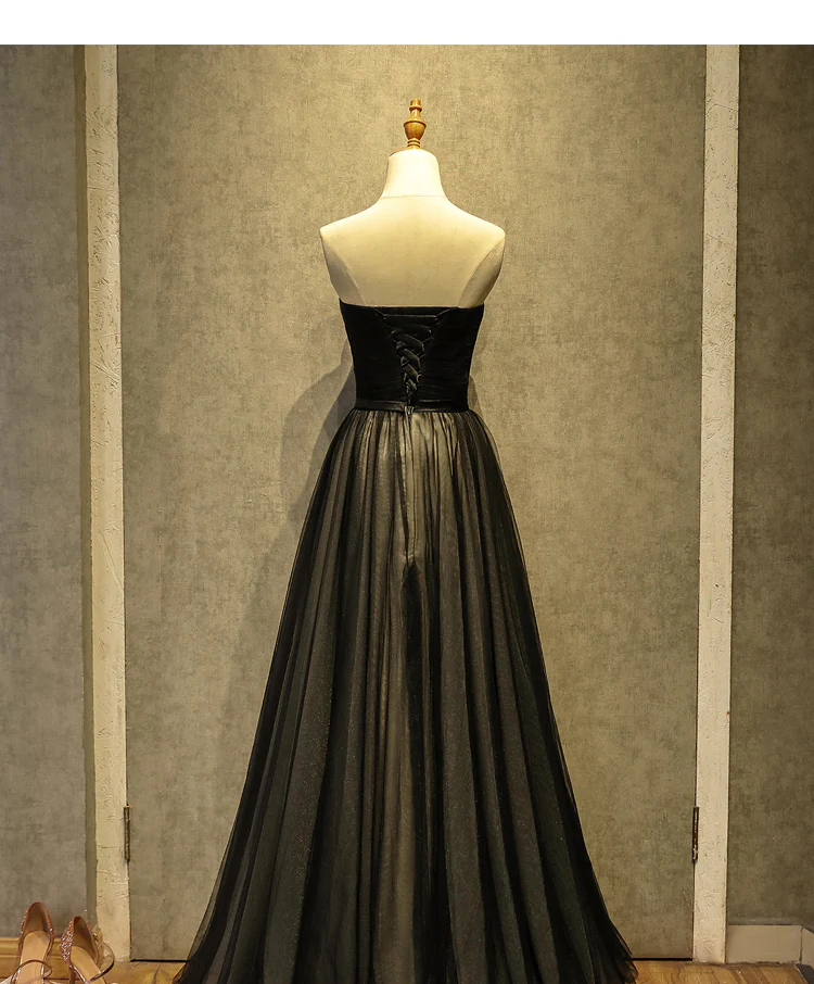 Schlichtes, schwarzes, herzförmiges A-Linien-Partykleid mit langem Tüll, schwarzes Abendkleid gh173