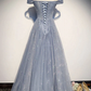 Beautiful Long Strapless Blue Tulle Beaded Long, A Line Off Shoulder Prom Dress gh7