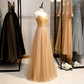 Champagner Pailletten Tüll Träger Langes Abendkleid Partykleid, Sweetheart Ballkleid gh25