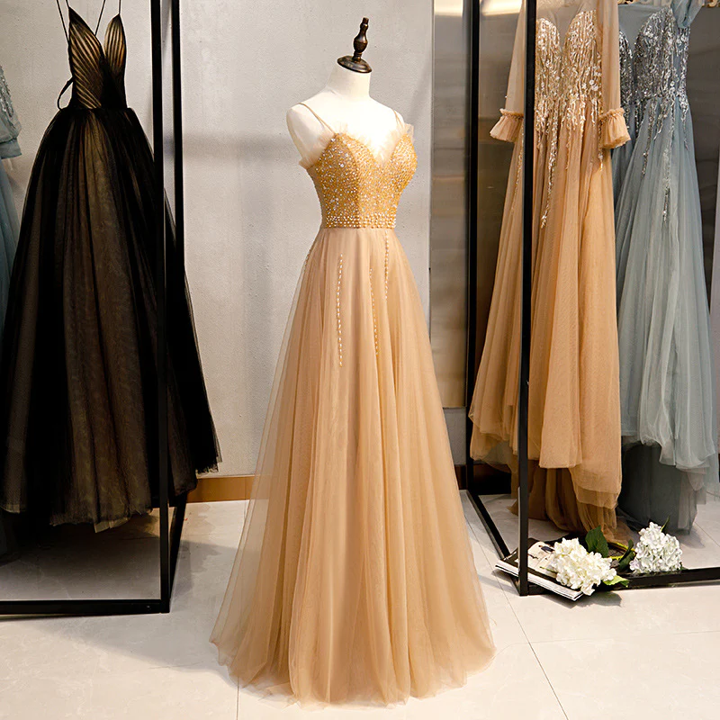 Champagner Pailletten Tüll Träger Langes Abendkleid Partykleid, Sweetheart Ballkleid gh25